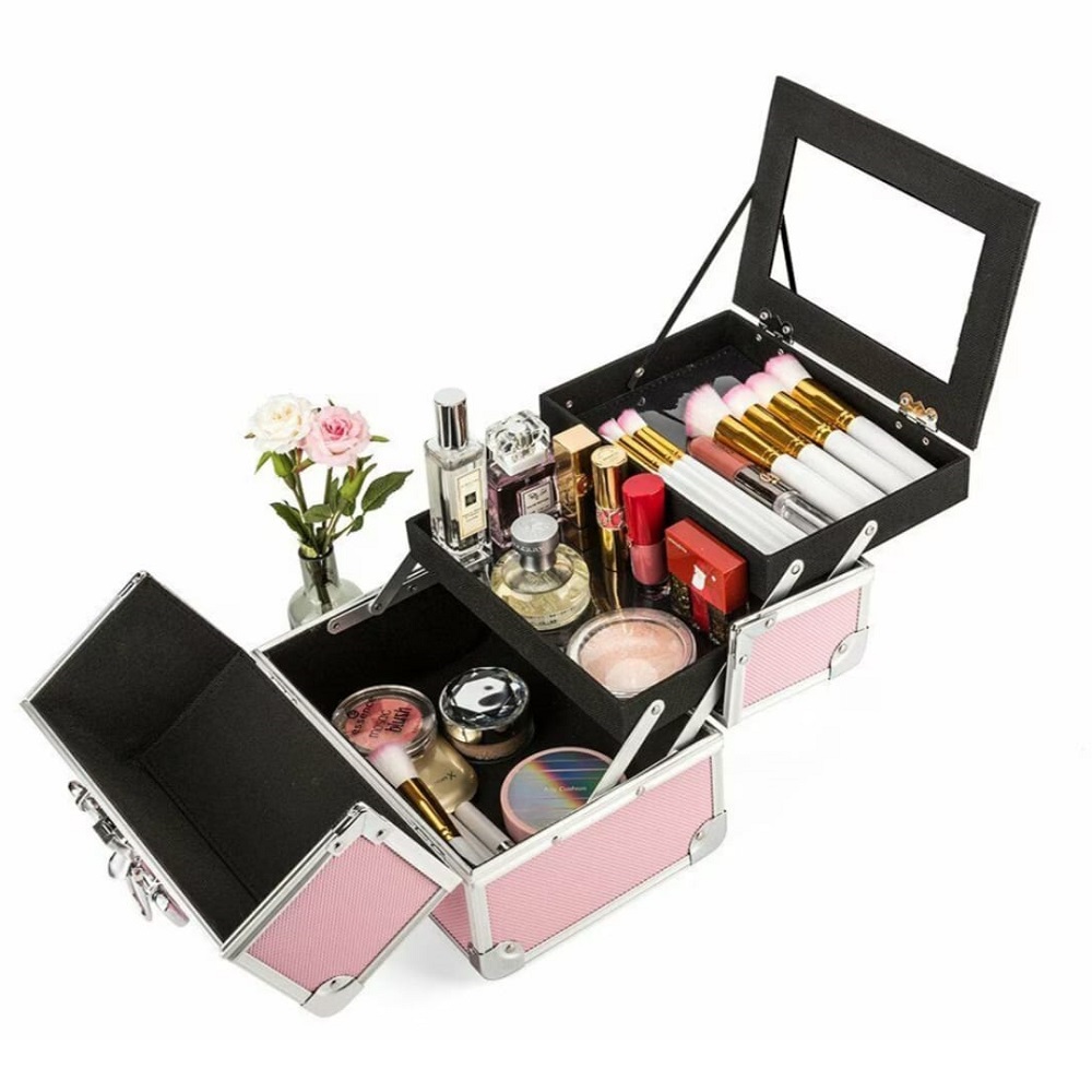 Розов козметичен куфар с огледало
