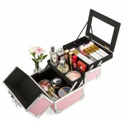 Розов козметичен куфар с огледало-foto3