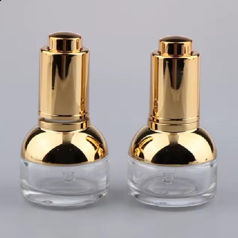 Луксозен стъклен флакон с помпа – 20 мл / 30 мл / 50 мл – Златна капачка за козметика и серуми