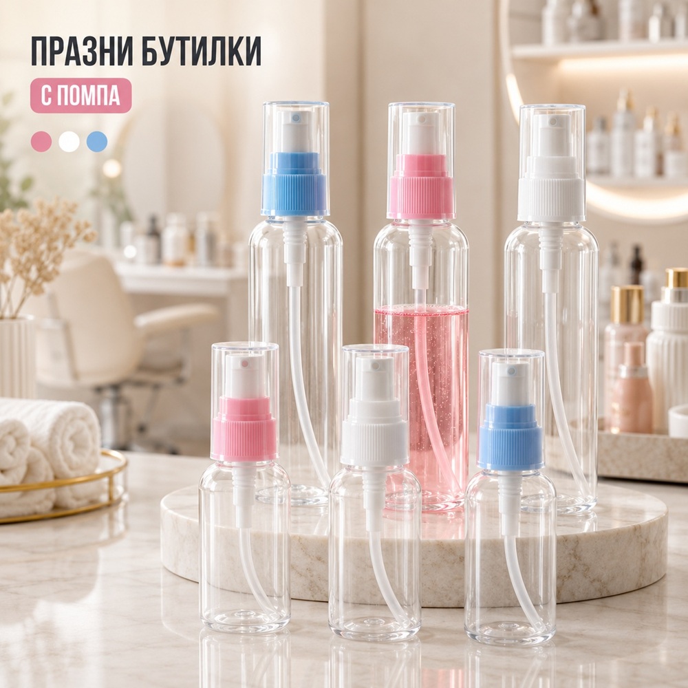 Прозрачни празни бутилки с помпа