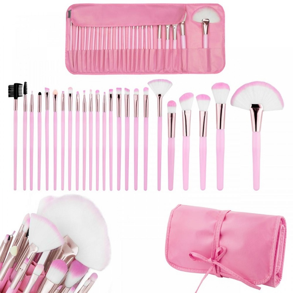 Сет четки за грим  24 бр. - розов кожен калъф