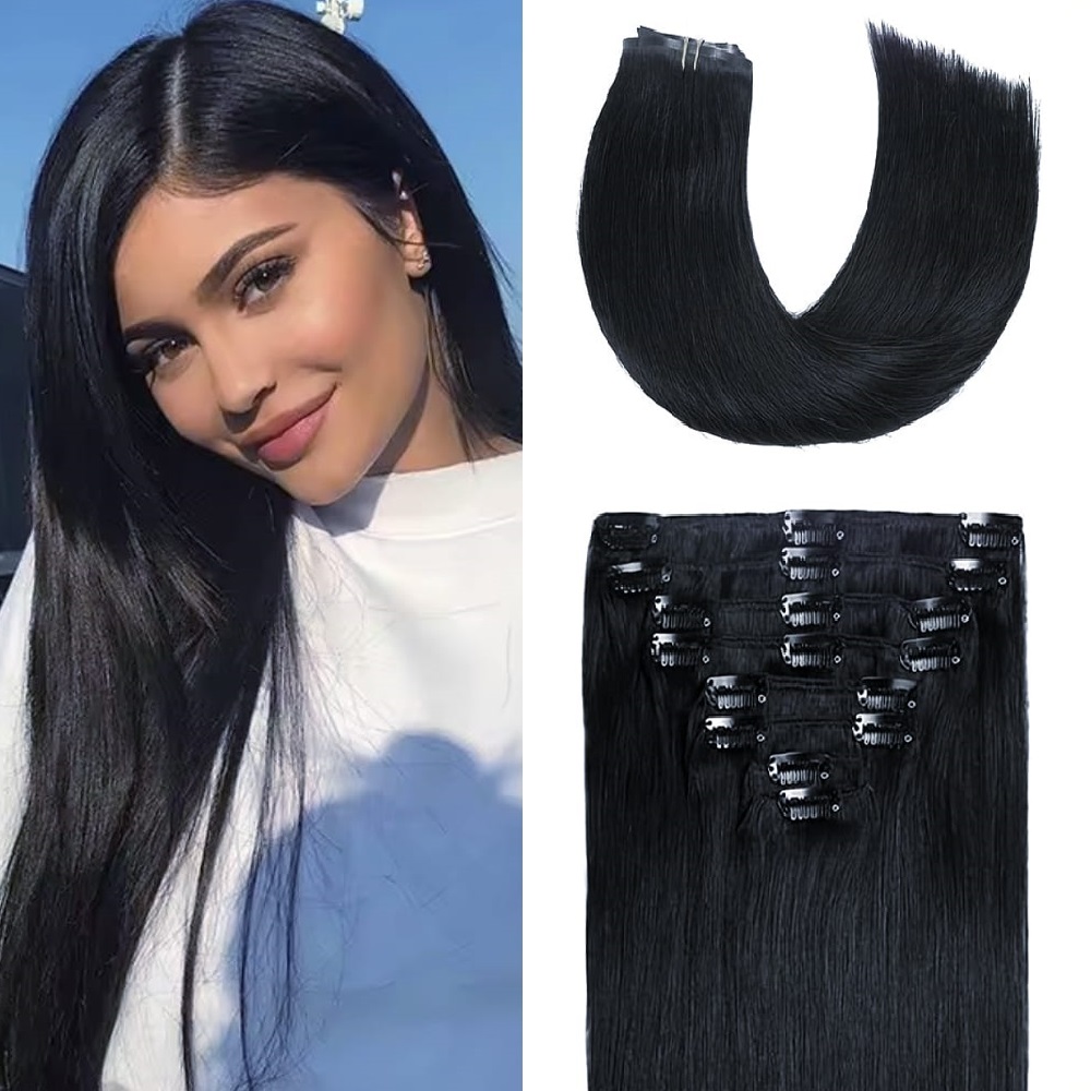 Естествена коса на клипси – 6 части, готова за поставяне 1# Натурално Чисто черно