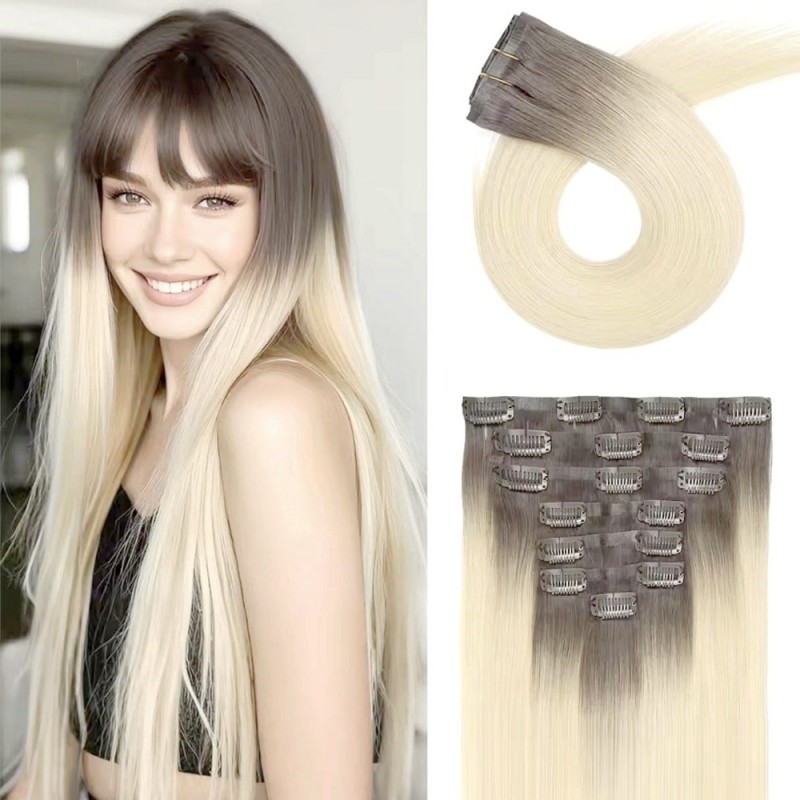 Естествена коса на клипси – 6 части, готова за поставяне #7B-613 Натурално Омбре - Светло кестеняво към пепеливо русо