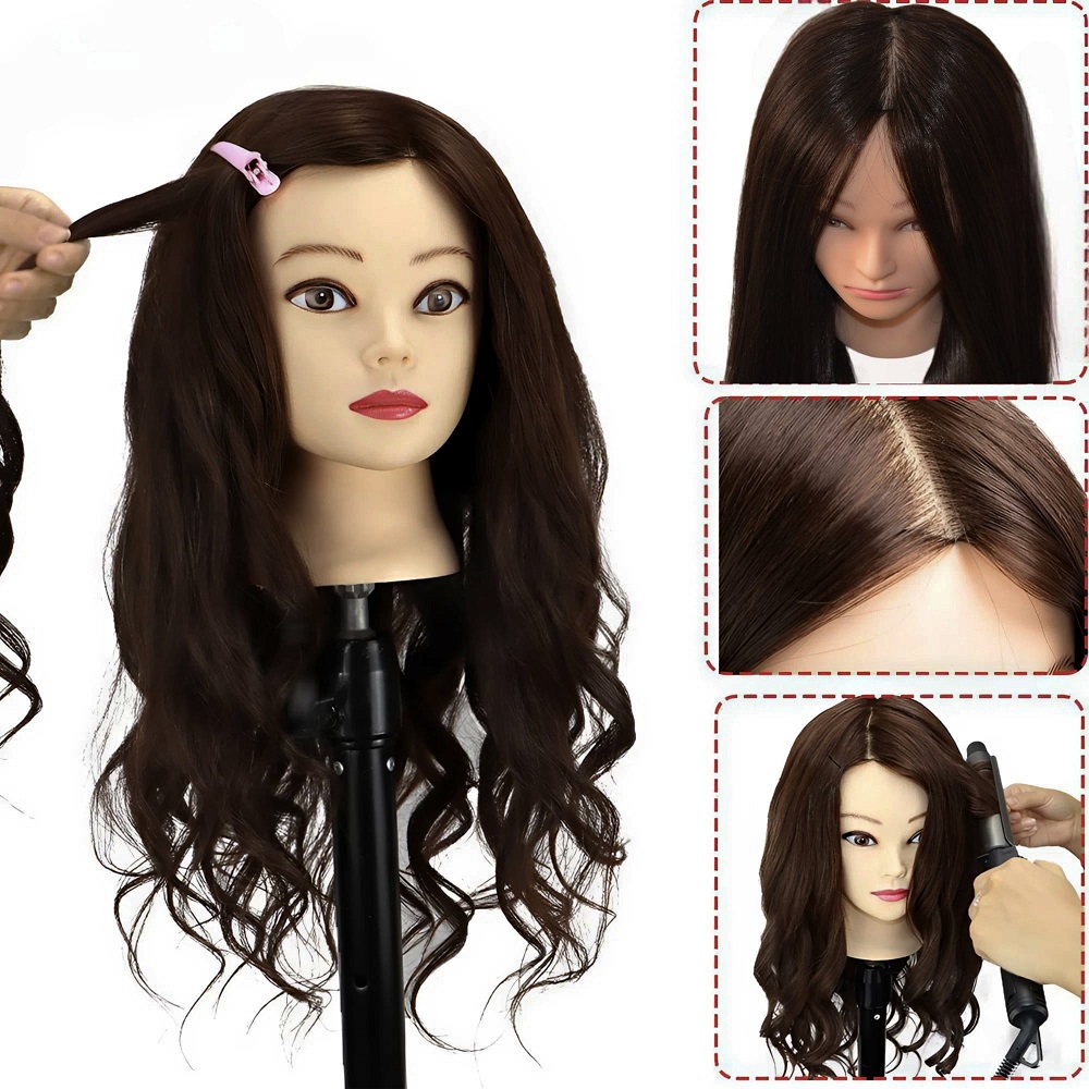 ЛУКС Тъмнокестенява Тренировъчна глава за фризьори с висококачествена коса