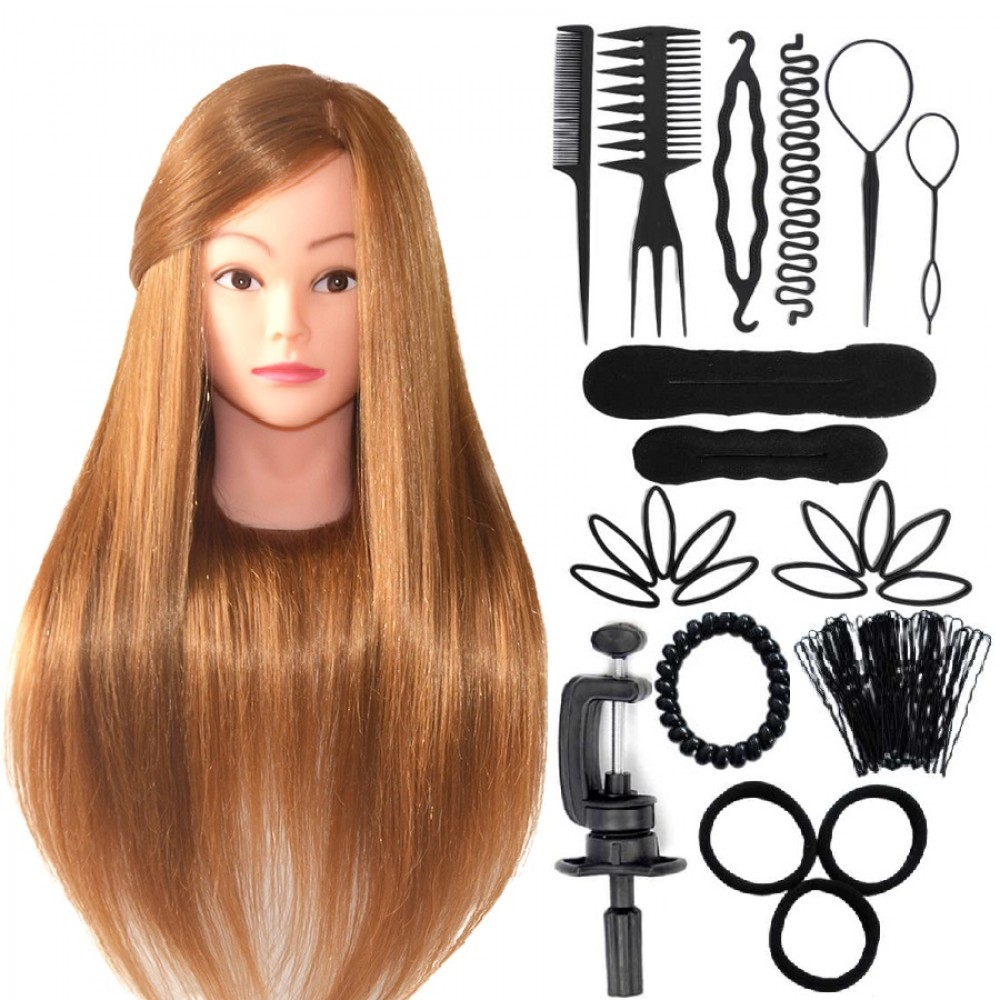 Комплект "Перфектна Прическа 25части" Тренировъчна глава за прически Златен Лешник+Аксесоари за коса