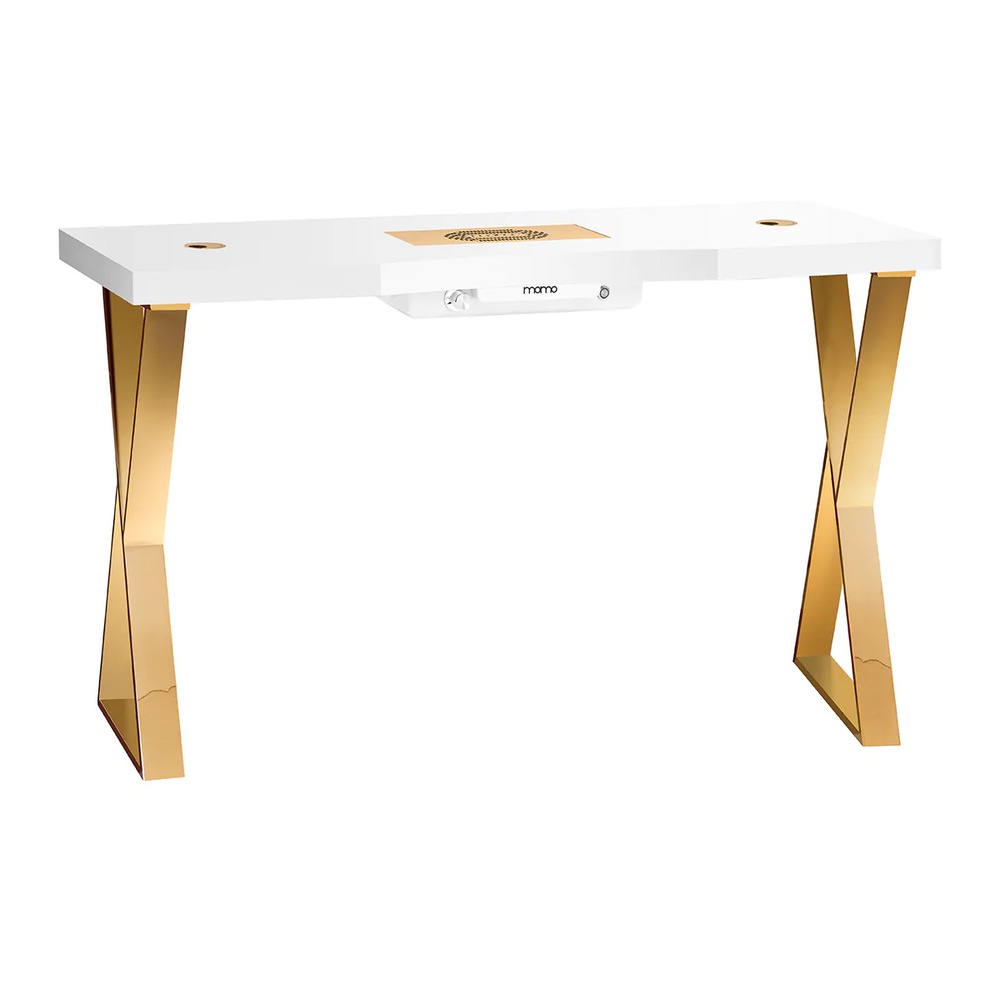 Козметична маса Momo 04-GL с касетъчен прахоуловител Momo J-02 – бяла със златни крака Козметична маса Momo 04-GL с касетъчен прахоуловител Momo J-02 – бяла със златни крака