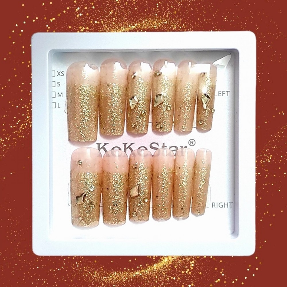 Златни Брокатени удължители за нокти - 12бр.+ двойно лепящи подложки