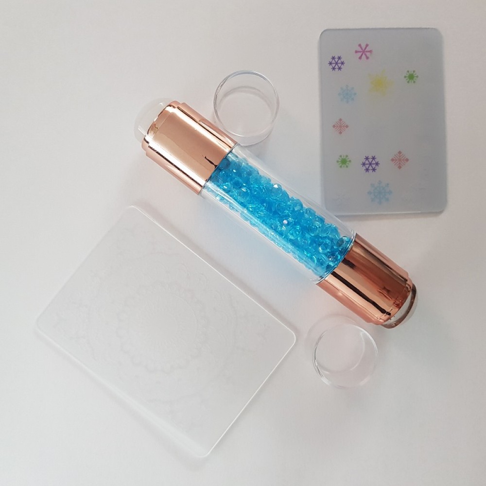 Двустранен печат за нокти с камъчета / цвят розов, син, прозрачен