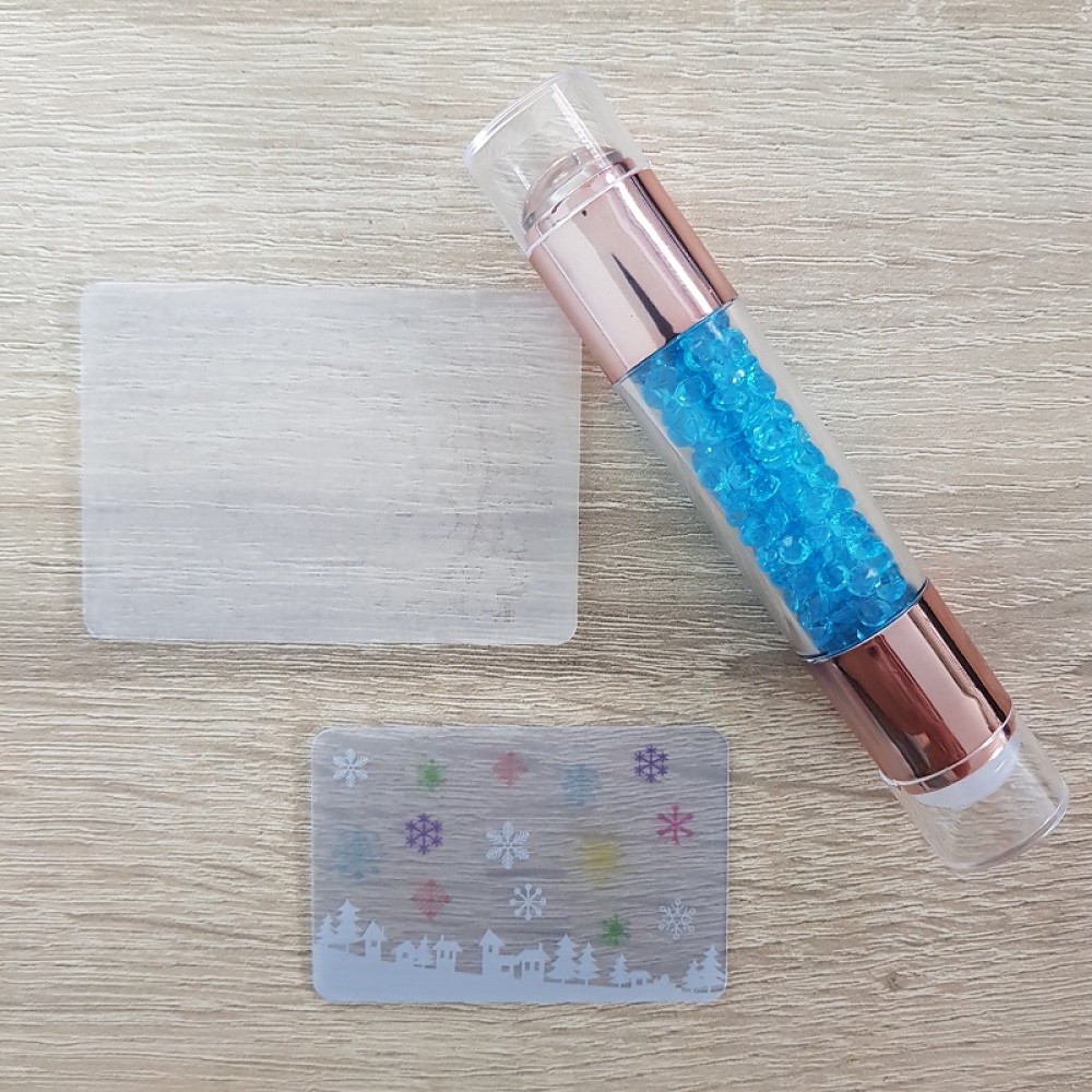 Двустранен печат за нокти с камъчета / цвят розов, син, прозрачен