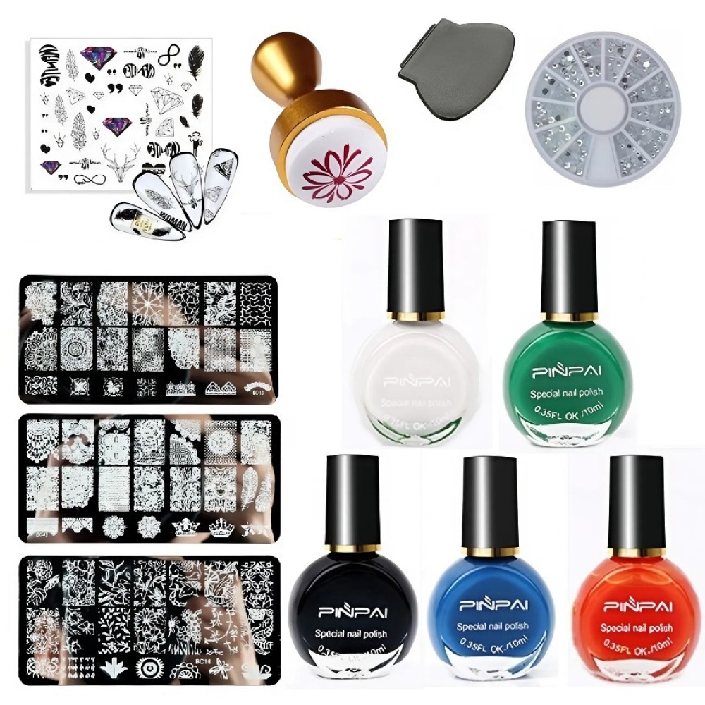 Комплект Винаги отпечатващ печат за маникюр , 5 цвята лак за печат и 3 пластини за печат Комплект Винаги отпечатващ печат за маникюр , 5 цвята лак за печат и 3 пластини за печат