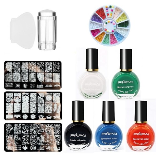 Комплект печат за маникюр с 3 пластини и 5 цвята лак за печат