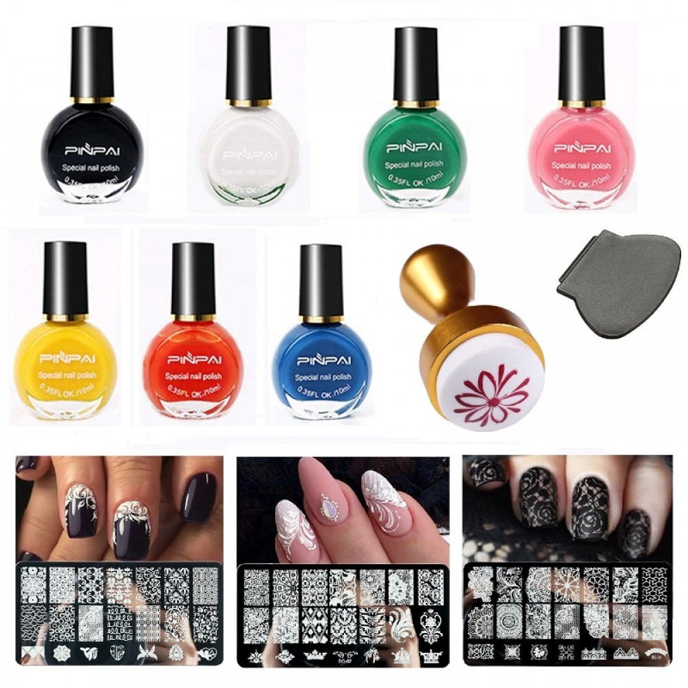 Комплект БЕЗОТКАЗЕН печат за маникюр, 7 цвята лак за печат и 3 пластини