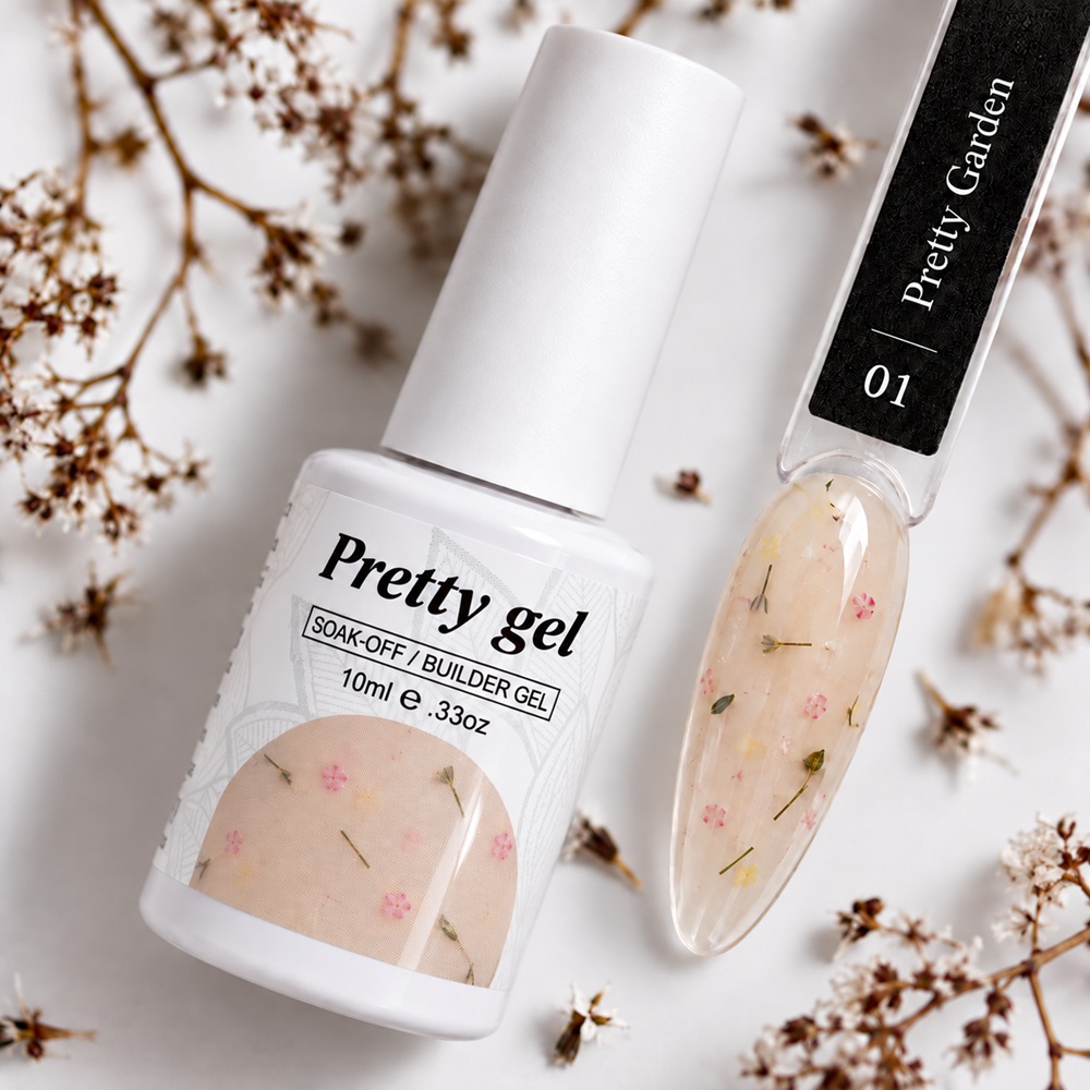 Pretty Gel Flora Garden 01 – изграждащ гел със сухи цветя, 10 мл. Pretty Gel Flora Garden 01 – изграждащ гел със сухи цветя, 10 мл.