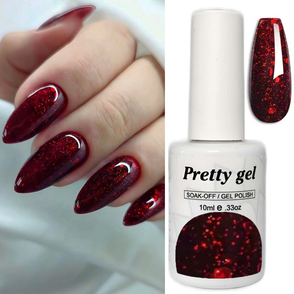 Гел лак Pretty A52 Дълбоко червено с брокат