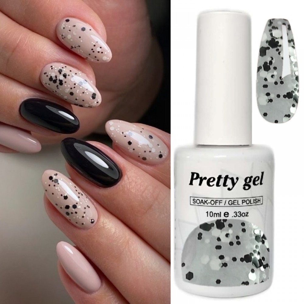 Гел лак Pretty 1862 Прозрачно с черни и сребърни конфети