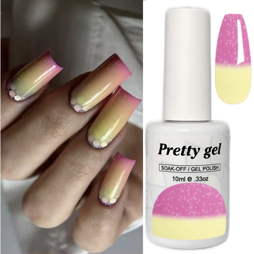 Гел лак Pretty Термо 104 Розово към млечно жълто с брокат