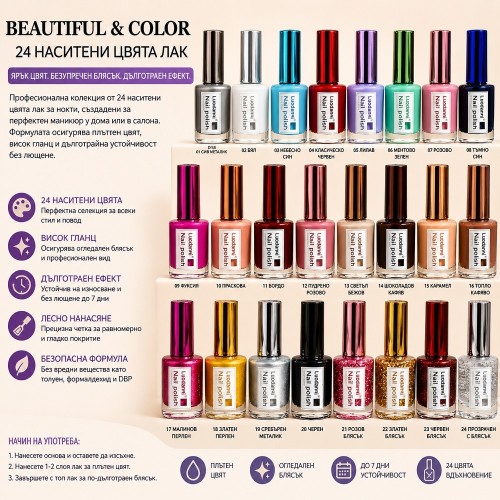 Комплект 24 наситени цвята лак Beautiful & Color