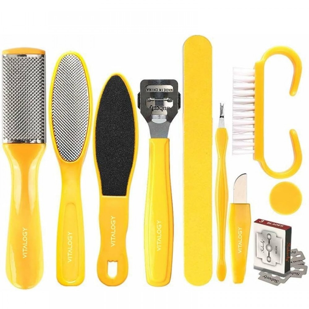 Комплект за педикюр и грижа за крака – 13 части в жълт цвят с кутия за съхранение