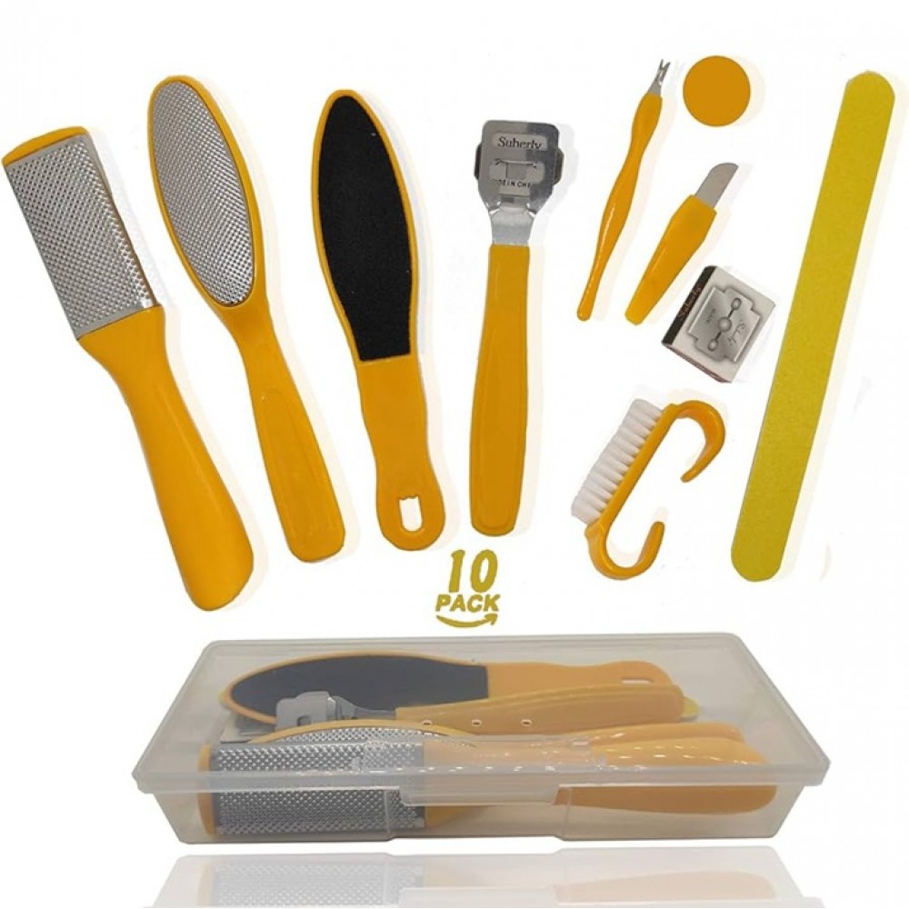 Комплект за педикюр и грижа за крака – 13 части в жълт цвят с кутия за съхранение